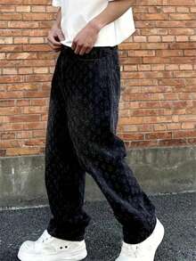 Black Jacquard Full Print Flared Jeans Men's European And American High Street Vibe Straight Loose Narrow Version Casual Wide Leg Pants - 黑色 - 查看 1