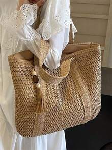 DESC Large Summer Straw Shoulder Bag With Key Ring, Zipper Closure, B-11 STRAW - Brown - View 3