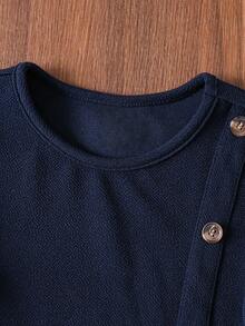 Tween Girl Solid Color Dress With Button Decor, Spring/Autumn - Royal Blue - View 4