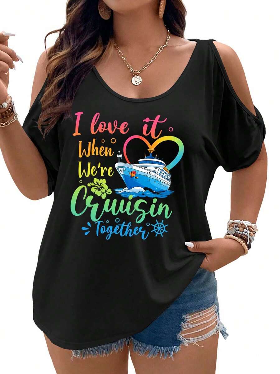 I Love It When We're Cruisin' Together -1Women Cold Shoulder Tops Summer Short Sleeve Shirt Plus Size - 黑色 - 查看 1