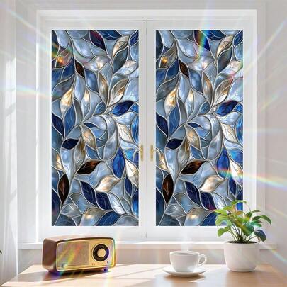 1 Piece Of Flat Plant Leaf 3D Effect Pattern Window Privacy Film Colored Leaf Glass Style Electrostatic Adsorption Flash Window Sticker Non Adhesive Privacy Film Reusable Room Decoration