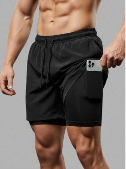 Shorts 2 em 1 Masculino Bermuda Dry Fit com Forro de Compressão e Bolso Interno Academia e Corrida