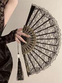 1 chiếc quạt gấp tay ren đen phong cách Trung Hoa cổ điển thanh lịch, phụ kiện sườn xám Hanfu, đạo cụ chụp ảnh tua rua cổ điển cho ngày lễ tình nhân Halloween - màu đen - Xem 2