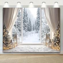 1pc Fashion Wavy Background, Winter Fairy Tale Background With Pine Forest And Candles, Multipurpose Holiday Decor, Rectangular Shape, No Electricity Required Christmas Happy Photo Booth Backdrop - Indoor/Outdoor Multipurpose Party & Event Decoration - Polyester, No Electricity, Ideal For Christmas Decoration - White - View 2