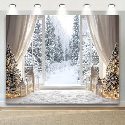 1pc Fashion Wavy Background, Winter Fairy Tale Background With Pine Forest And Candles, Multipurpose Holiday Decor, Rectangular Shape, No Electricity Required Christmas Happy Photo Booth Backdrop - Indoor/Outdoor Multipurpose Party & Event Decoration - Polyester, No Electricity, Ideal For Christmas Decoration