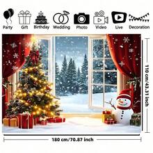 1 pieza de Fondo plano 2D de Navidad. Diseño de fondo con árbol de Navidad, muñeco de nieve y ventana de piso a techo. Tela de poliéster duradera, adecuada para decoración de pared interior, fondo de fotografía, decoración navideña exterior, estudio fotográfico, decoración de fiesta interior