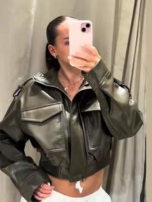 Áo khoác da PU phong cách đường phố dành cho nữ, áo khoác ngắn tay dài cổ đứng màu trơn thời trang, áo khoác ngoài sành điệu cho mùa xuân/thu. - màu xanh lá - Xem 2