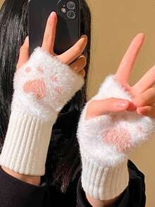 1 Paar Mink-Fleece Weiche Winter Halbfinger Handschuhe für Damen, warm, luxuriös, einfarbig weiß, flauschig gestrickt, fingerlos, Handgelenkstulpen