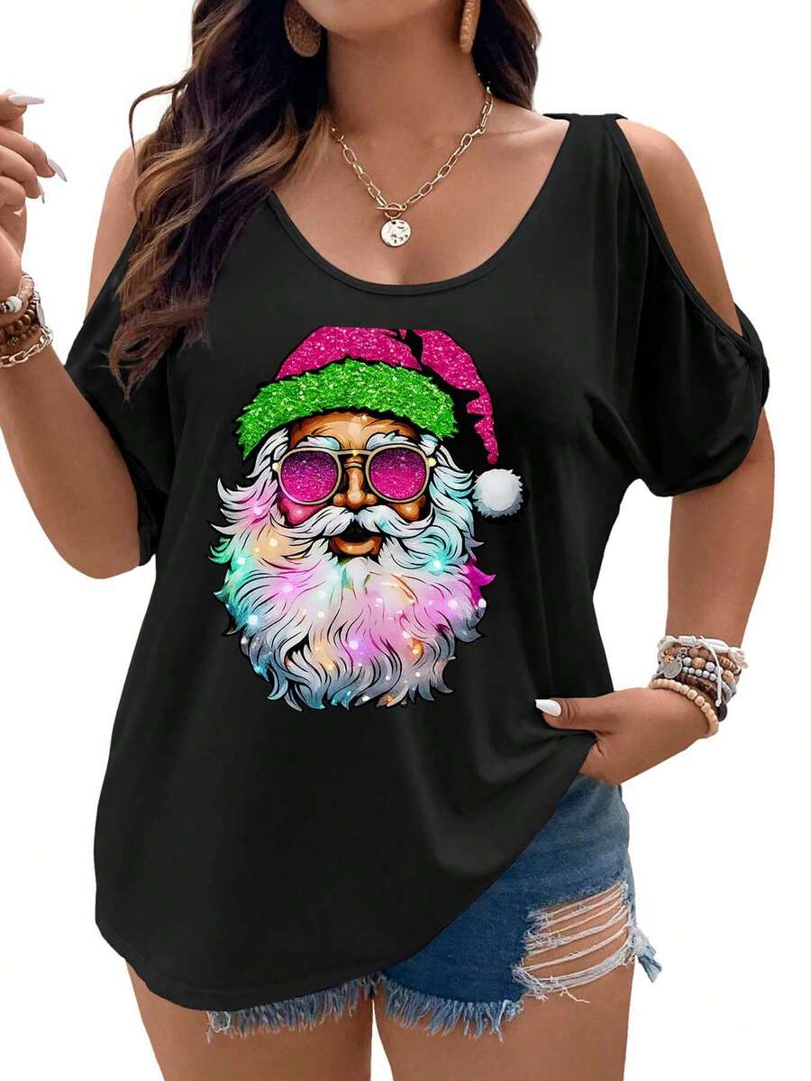Colorful Santa With Glittering Hat And Sunglasses Women Cold Shoulder Tops Summer Short Sleeve Shirt Plus Size - màu đen - Xem 1