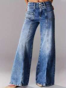 大码女式弹力牛仔布设计开叉牛仔裤，休闲百搭两粒扣修身口袋水洗宽松阔腿喇叭牛仔裤，2025 年热销新款百搭四季牛仔裤