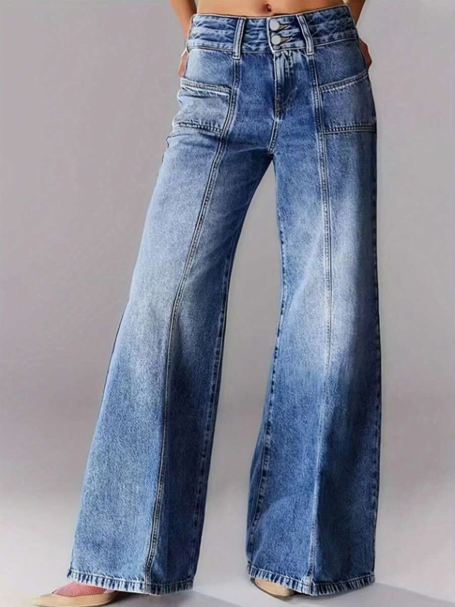 大码女式弹力牛仔布设计开叉牛仔裤，休闲百搭两粒扣修身口袋水洗宽松阔腿喇叭牛仔裤，2025 年热销新款百搭四季牛仔裤