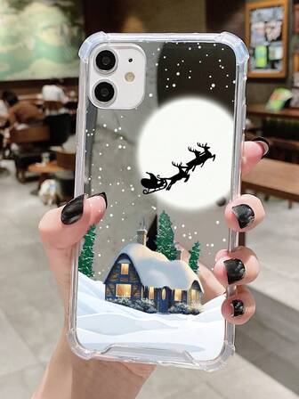 1pc Fashionable Christmas Tree & Moon Acrylic Mirror Phone Case, Compatible With IPhone 16/16Pro/16Plus/15/15ProMax/15Pro/11/12/13/14ProMax/12Mini/13Mini/11Pro/11ProMax/12Pro/12ProMax/13Pro/13ProMax/14Pro/14ProMax, Soft Shell, Creative & Elegant