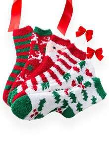 1/5/6 Pairs Christmas-Themed Unisex Autumn-Winter Warm Coral Fleece Socks. With Santa, Reindeer And Christmas Tree Elements For A Festive Vibe. Cozy For Self-Wear And A Heartwarming Gift. Merry Christmas!