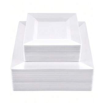 1套25件纯白色方形6.5英寸/9.5英寸餐盘，可爱漂亮，可重复使用，易于清洁。非常适合婚礼、生日派对、家庭聚会、户外团队建设等场合，通用餐盘，学校、返校用品、学校派对、餐厅、厨房、圣诞节餐具，可作为礼物赠送给亲戚、朋友和长辈。