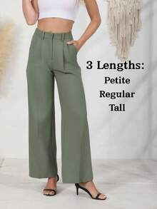 Women's Petite/Regular/Tall 3 Lengths Wrinkle-Free Flowy Office Dress Pants Slacks Breathable Workout Casual Wide Leg Stretchy High Waist Business Trousers - 軍綠色 - 查看 2