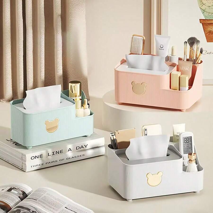 1 pieza Caja de pañuelos de plástico creativa, caja de almacenamiento multifuncional para escritorio para la sala de estar, mesa de café, comedor, soporte para control remoto - Multicolor - Ver 1