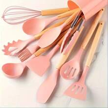12pcs, Silicone Utensil Set, Khaki Kitchen Utensil Set With Wooden Handle, Safety Cooking Utensils Set, Non-Stick Kitchen Tools Set, Washable Modern Cookware, Kitchen Stuff, Kitchen Gadgets Kitchen Accessories - Multicolor - View 8