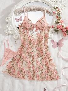 Women Sexy Lingerie Embroidery Butterfly Babydoll Sheer Mesh Nightgown Chemise Boudoir Nighty Sleepwear With Thong - 粉色 - 查看 5