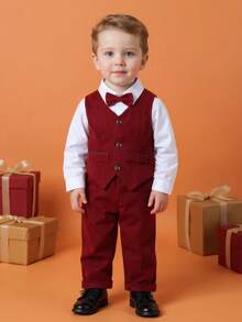 BOARNSEORL 3 件套男婴绅士装 - 白色衬衫配领结、酒红色背心和裤子，时尚浪漫，适合跨年夜、圣诞派对、婚礼