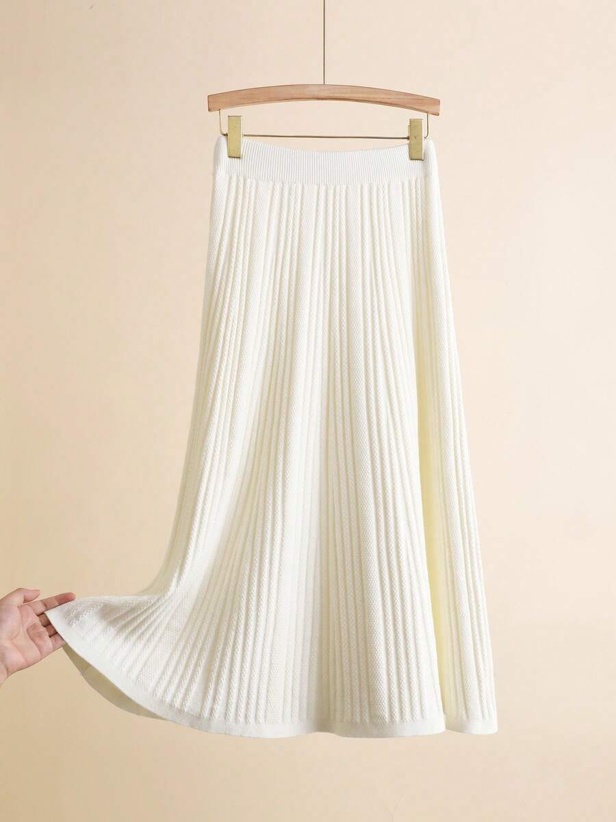 Fashion Casual A-Line Long Autumn Winter Rib Women Knit Skirt - Apricot - View 1