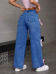 Women's Casual And Fashionable Loose Straight Leg Jeans, Paired With Bow Decorations, Charming And Beautiful, Suitable For All Seasons, Mid Waist Shooting, Suitable For Parties/Dances, Parties, Birthday Parties, Banquets, Nightclubs, Nightclubs, Music Festivals, Concerts - Màu xanh lam - Xem 4