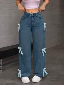 Women's Casual And Fashionable Loose Straight Leg Jeans, Paired With Bow Decorations, Charming And Beautiful, Suitable For All Seasons, Mid Waist Shooting, Suitable For Parties/Dances, Parties, Birthday Parties, Banquets, Nightclubs, Nightclubs, Music Festivals, Concerts - 寶藍色 - 查看 1