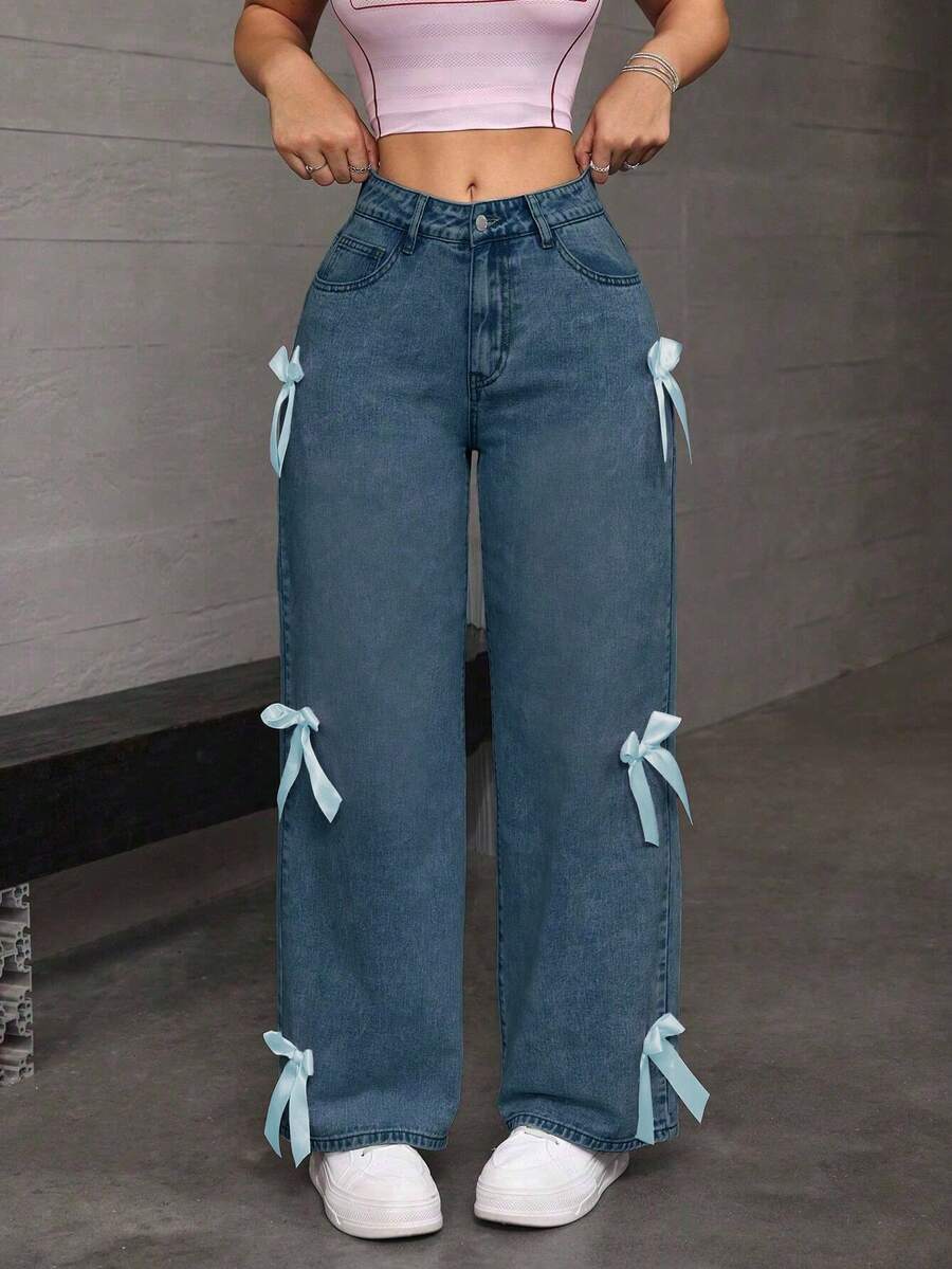 Women's Casual And Fashionable Loose Straight Leg Jeans, Paired With Bow Decorations, Charming And Beautiful, Suitable For All Seasons, Mid Waist Shooting, Suitable For Parties/Dances, Parties, Birthday Parties, Banquets, Nightclubs, Nightclubs, Music Festivals, Concerts - 寶藍色 - 查看 1
