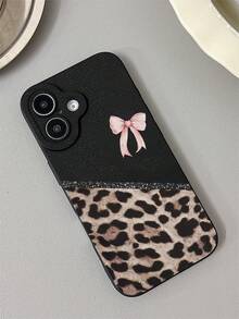 1 pezzo Custodia per telefono con stampa leopardata, fiocco, finitura opaca e pupilla nera anti-caduta, compatibile con Samsung, Apple 16/15/14/13/12/11/XSMAX/X/XS/XR/7PLUS/8PLUS/7/8/S21/22/23/24/25