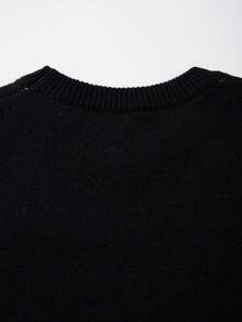 男士宽松休闲纯色针织毛衣，饰有动漫少女眼睛印花，街头风长袖圆领套头衫，适合秋冬季穿着 - 黑色 - 查看 9