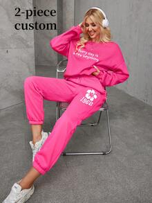 Customized Women Letter Graphic Drop Shoulder Sweatshirt & Sweatpants - Hot Pink - View 2