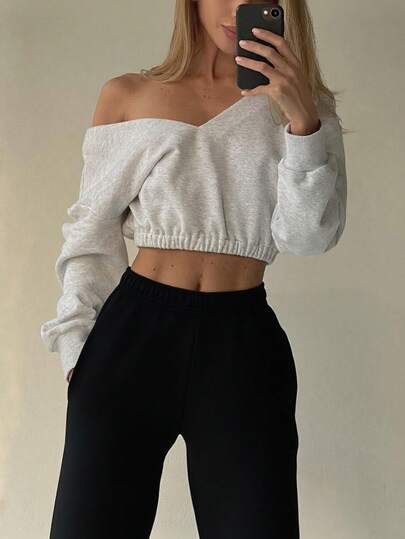 Women's Fashion Off-Shoulder Short Sweatshirt, Suitable For Fitness, Dancing, Casual Wear, Autumn/Winter Loose Crew Neck Pullover, Two Ways To Wear
