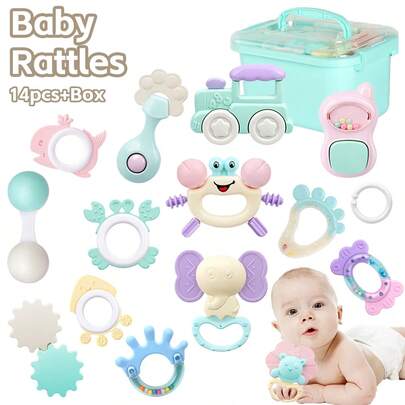 14件婴儿摇铃安抚玩具套装，含抓握、摇铃、牙胶感官玩具，易于抓握，适合新生儿，促进早期感官发育，带收纳盒，非常适合新生男婴女婴生日/节日礼物（包装盒、图案、配件、颜色随机）