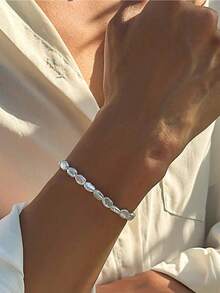 1pc Asymmetrical Faux Pearl Bracelet - Minimalist Women's Adjustable Jewelry For Banquets, Dates & Daily Wear, Elegant Personalized Gift - 銀色 - 查看 3