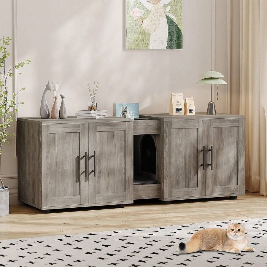 Litter Box Enclosure With Double Room,Hidden Litter Box Enclosure Furniture For 2 Cats,Wooden Large Cat House,Indoor Hidden Cat Litter Box,Storage Cabinet With Cat Door - Gris - Ver 1