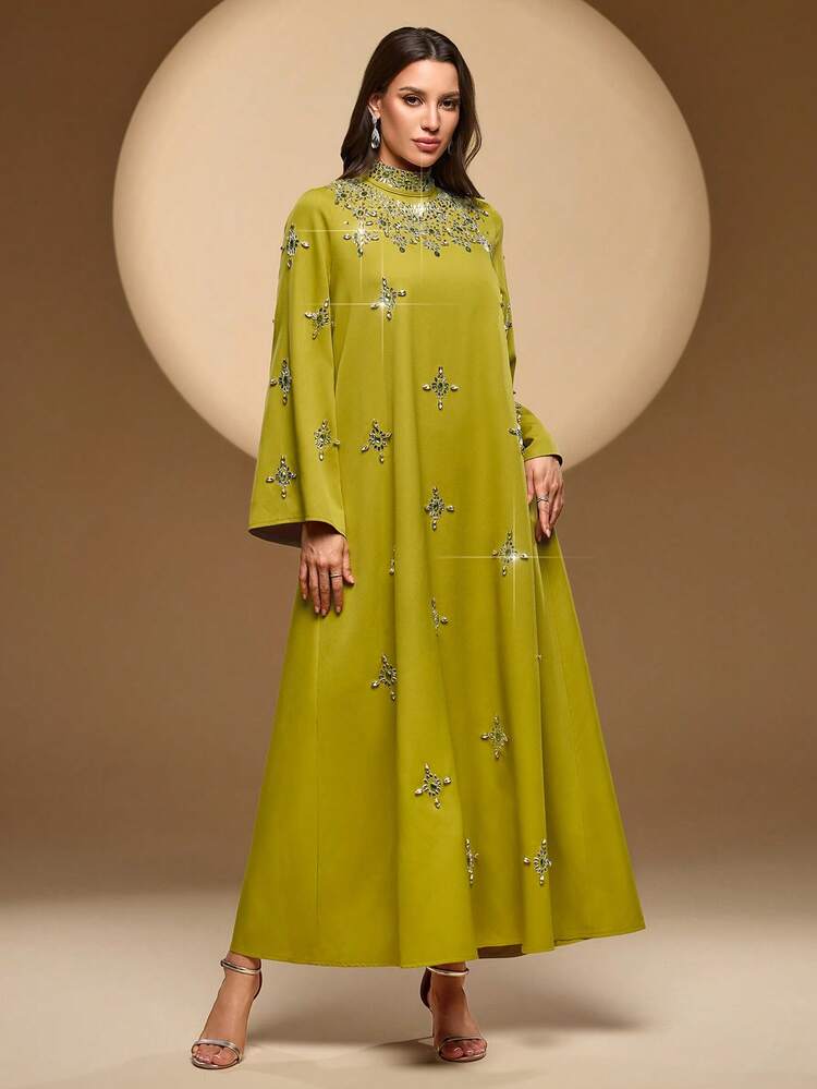 فستان نسائي أنيق بياقة عالية وأكمام طويلة، بتطريز من الراين والخرز والخرز الصناعي، مناسب للحفلات والمناسبات والارتداء اليومي في الربيع - خردل الأصفر - مشاهدة 7