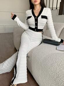 abyoxi Conjunto de 2 piezas de mujer con cárdigan de cuello en V con ribete de contraste en negro y blanco, y pantalones acampanados.Atuendo casual, para citas, fiestas, vacaciones, oficina y ocasiones formales. - Verde militar - Ver 11