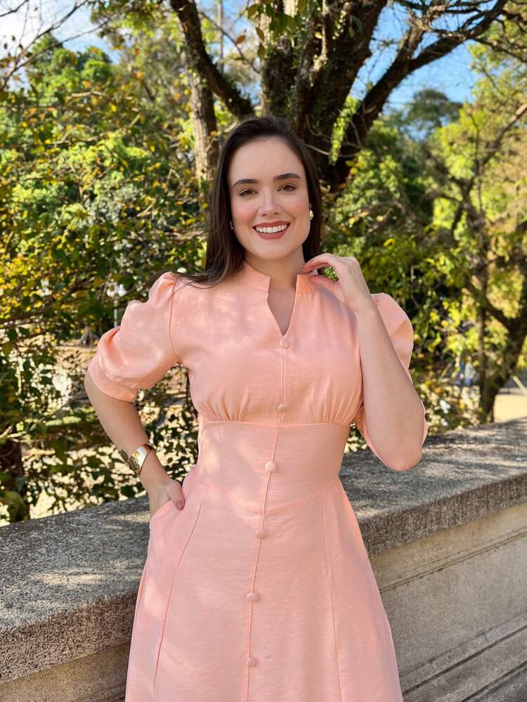 MARRANT PLAIN MIDI DRESS Simple Button Contrasted Waist WOMEN'S SUMMER FASHION - Màu Hồng  San hô - Xem 2