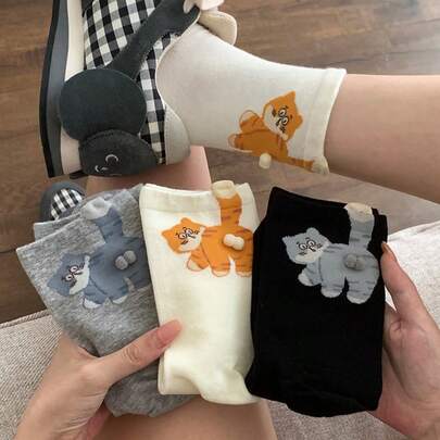 새로운 3D 핸드메이드 고양이 달걀 미드-카프 양말, 남녀를 위한 귀엽고 엉뚱한 동물 양말