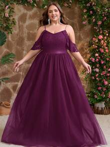 大码女式蕾丝拼布露肩正式长裙，适合婚礼宾客、伴娘、伴娘 - 中紫紅色 - 查看 4