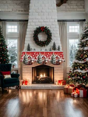 Merry Christmas Fireplace Scarf-Santa Claus And Christmas Tree Gift Design, Polyester Table Runner For Holiday Home Decoration, 78.7inx19.6in.