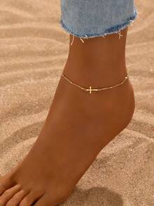 LIEBEIRIS 1pc Handmade Beach Style Cross Stainless Steel Anklet For Women, Suitable For Daily Wear And Beach, (Random Colorful, Random Number Of Gold Beads On Chain) - 黃金 - 查看 1