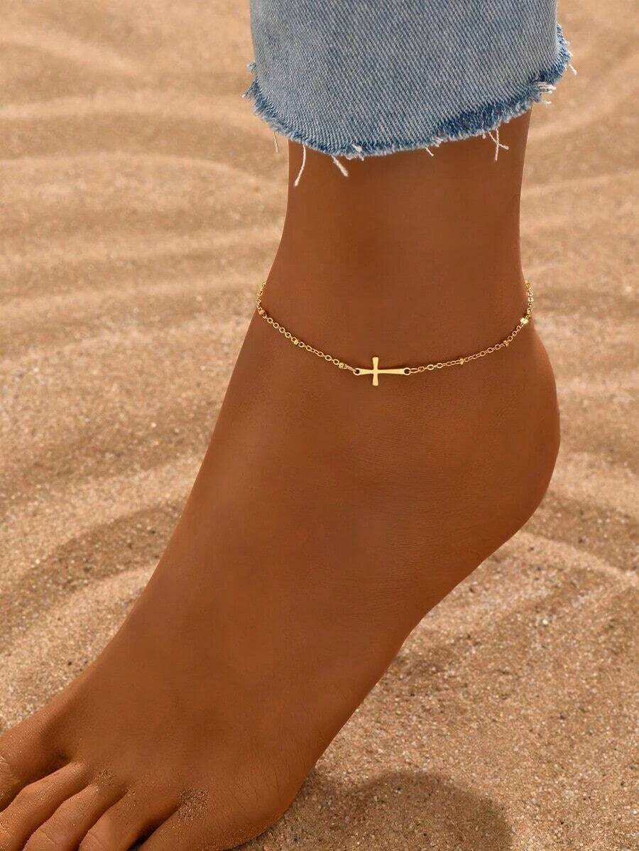 LIEBEIRIS 1pc Handmade Beach Style Cross Stainless Steel Anklet For Women, Suitable For Daily Wear And Beach, (Random Colorful, Random Number Of Gold Beads On Chain) - 黃金 - 查看 1