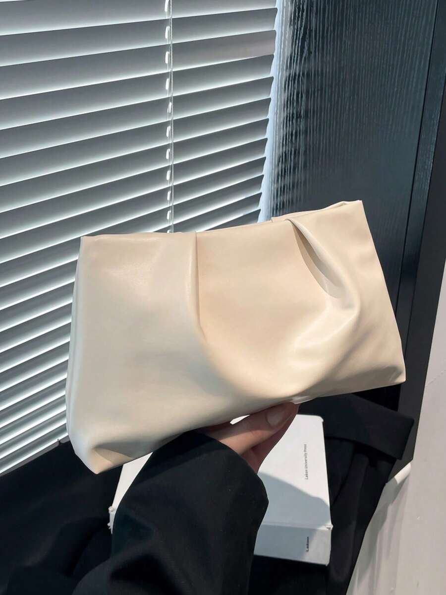 时尚纯色手拿包、褶皱云朵包、休闲信封包、化妆包、旅行配件包、内衬包、洗漱包、收纳袋 - 白色 - 查看 1