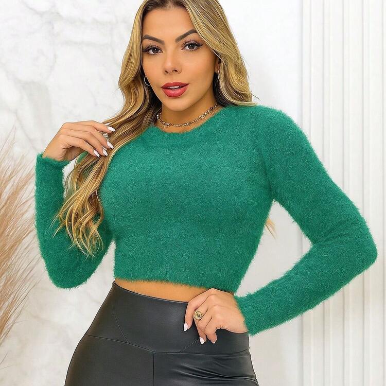 Women's Furry Crop Top - 墨綠色 - 查看 1