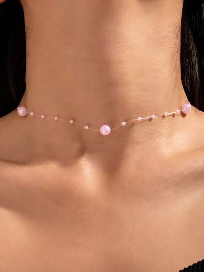 可爱、甜美、简约的粉色串珠锁骨链项链，适合女性的珠宝，适合日常佩戴和情人节佩戴