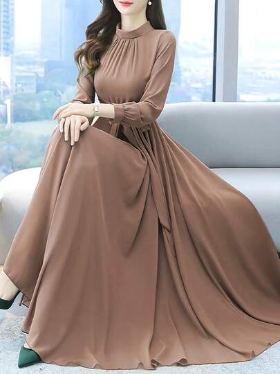 女士优雅立领雪纺长裙 - 长袖、系腰带、飘逸廓形，适合精致休闲和正式场合