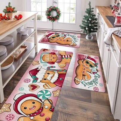 1/2/3pcs Thick 0.47inch/1.2cm Christmas Gingerbread Pattern Absorbent Kitchen Floor Mat - Non-Slip, Oil-Proof Carpet For Kitchen, Living Room, Laundry Room, Bathroom - Stain Resistant, Waterproof, Doormat, Room Decor, Easy Clean, Anti-Fatigue