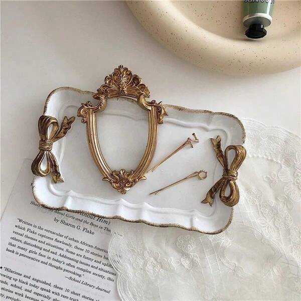 1 pieza Elegante bandeja decorativa de resina vintage hecha a mano en color rosa con lazo - Caja de almacenamiento de joyas de lujo, decoración del hogar de moda, bandeja de resina estilo vintage, organizador de joyas, caja de almacenamiento de cosméticos, bandeja de resina con mariposa vintage, prop de fotografía, decoración de habitación, decoración de boda, bandeja para toallas y almacenamiento, bandeja para anillos, collares, pulseras y aretes