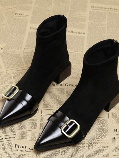 Women's Ankle Boots & Short Boots, Casual Fashion Pure Metal Buckle, Office & Home, New Pointed Toe Thick Heel Suede Patchwork Booties With Belt