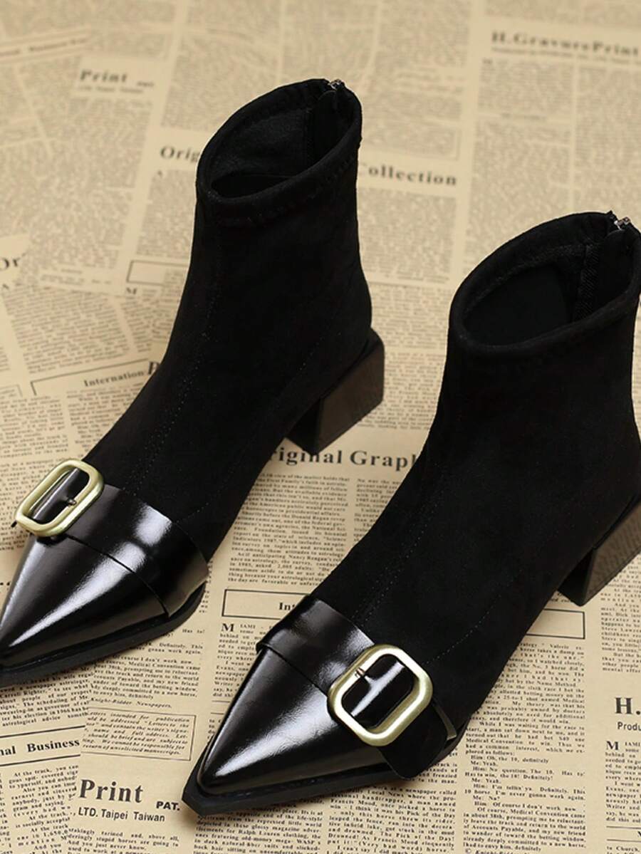 Women's Ankle Boots & Short Boots, Casual Fashion Pure Metal Buckle, Office & Home, New Pointed Toe Thick Heel Suede Patchwork Booties With Belt - Black - View 1